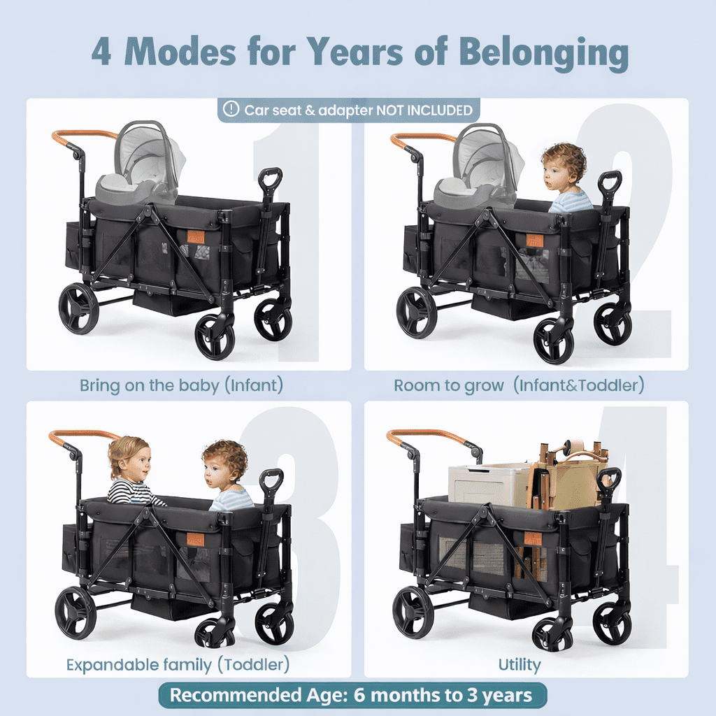 UBesGoo Wagon Stroller for 2 Kids, Low Seat & Deep Footwell, Foldable All-Terrain Wagon with Canopy, Adjustable Handlebar, Cup and Phone Holder, Black