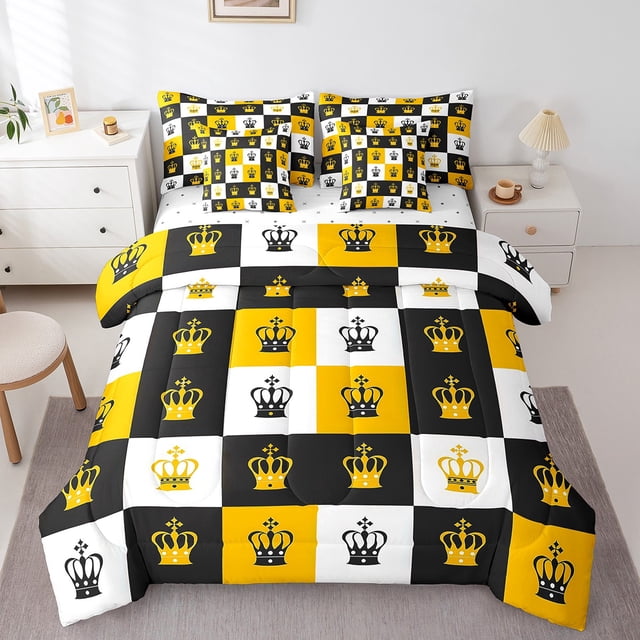 YST Gold Black Crown Comforter Set Queen Size Luxury Diamonds Bed In A Bag Geometric Grid Pattern Bedding Set with Sheet Set Modern Abstract Art Bedding Comforter Sets,7 Piece