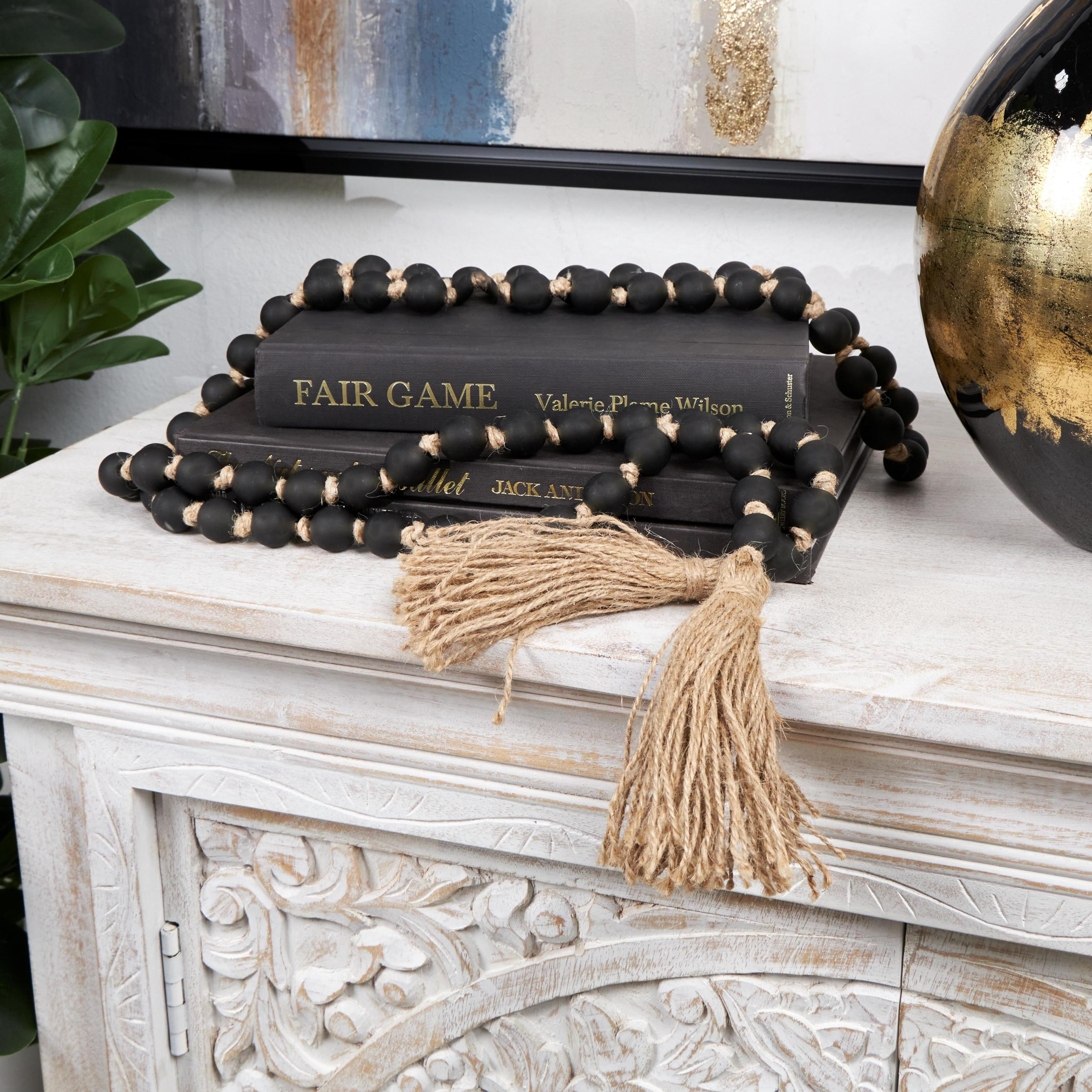 DecMode Handmade Round Long Frosted Black Glass Garland with Tassel with Knotted Brown Jute