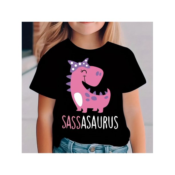 Camiseta 100 % algodón con estampado de dinosaurio - Diseño "SASSA" rosa y morado, cómoda camiseta de verano de manga corta, cuello redondo informal, ropa divertida para exteriores | Moda divertida