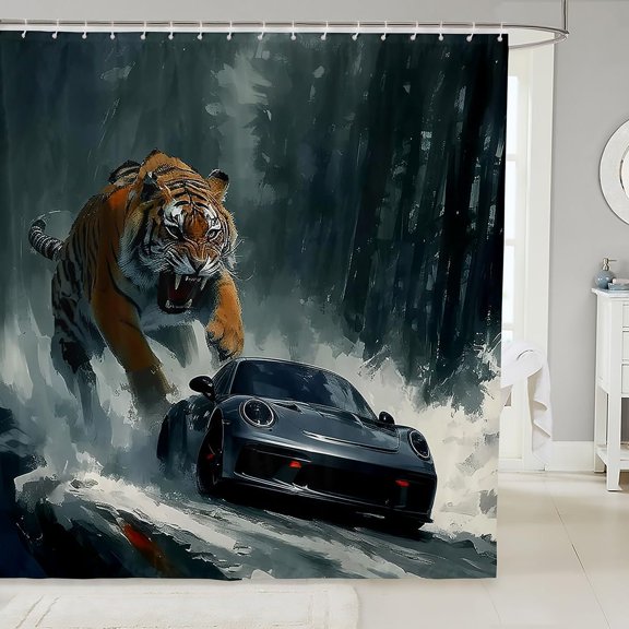 Fierce Tiger And Sports Car Shower Curtain Dark Forest Jungle Theme Waterproof Fabric Bathroom Decor with Hooks 71x71 inches