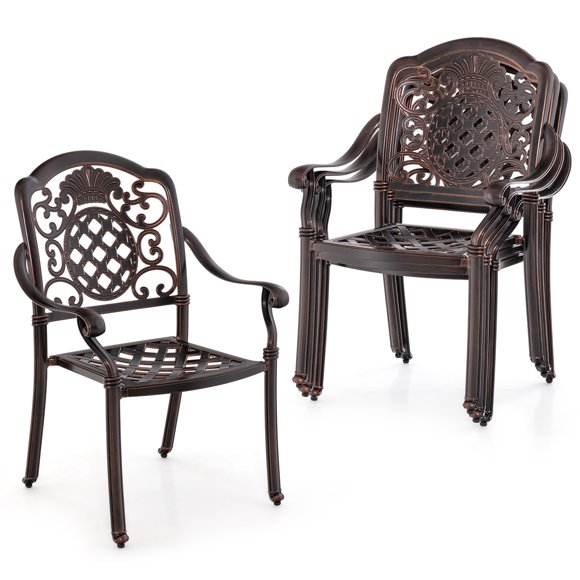 Gymax 4PCS Cast Aluminum Chairs Outdoor Metal Armchairs w/ Ergonomic Curved Seat Patio