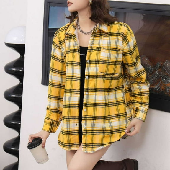AUNVITO Women's Plaid Fleece-Lined Shacket with Pockets Long Sleeve Button Collar Casual Outerwear