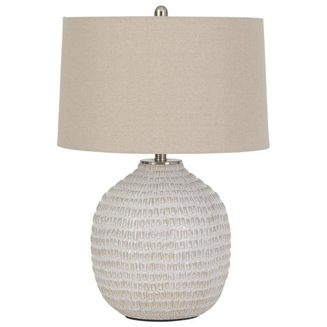 Benjara BM226099 Textured Ceramic Frame Table Lamp with Fabric Shade, Beige & White