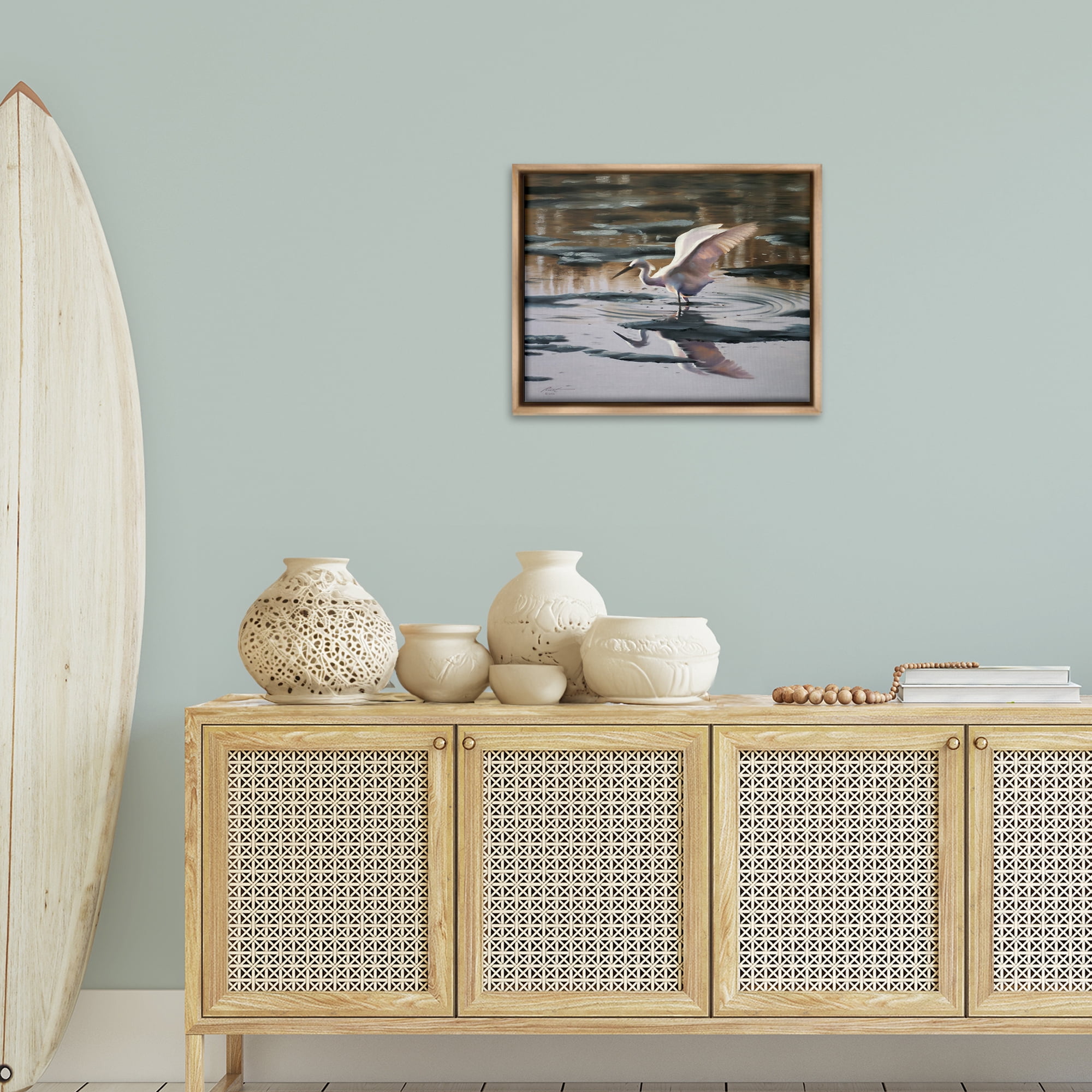 Stupell Industries Swan Landing in Water Animals & Insects Painting Brown Floater Framed Canvas Art Print Wall Art, 21 x 17