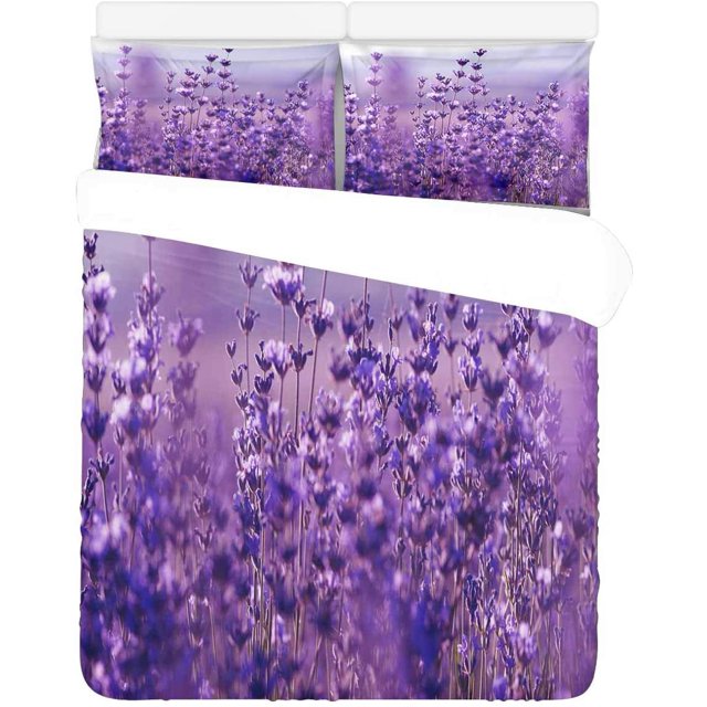 ABPHQTO Juego de Ropa de Cama de 3 Piezas Funda Nórdica Flores de Lavanda Púrpura con 2 Fundas de Almohada