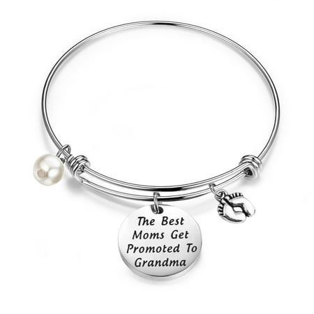 New Grandma Gift The Best Moms Get Promoted to Grandma Bangle Bracelet with Baby Footprint (Best Place To Get Charms)