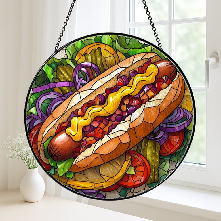 Stained Glass Hot Dog Ornament, Fun Kitchen Accent for Foodies
