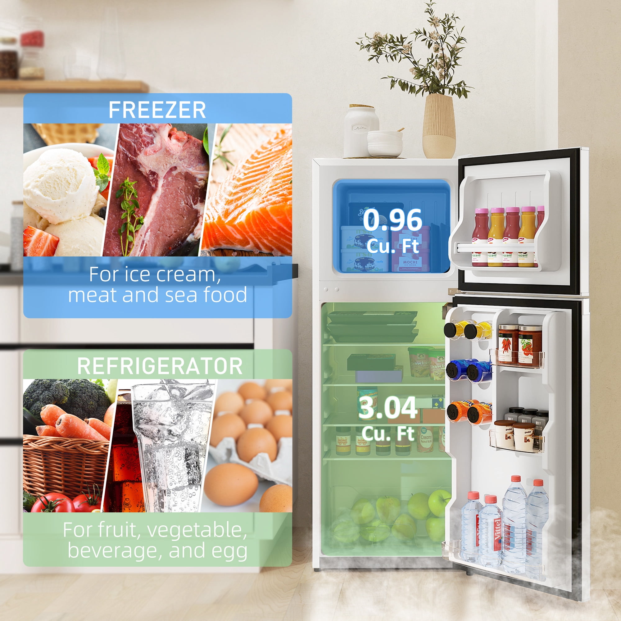 HOMCOM Small Fridge with Freezer, 4 Cu Ft Refrigerator with Shelves, White