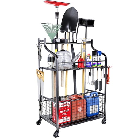 Heavy Duty Metal Garden Tool Organizer for Garage and Storage with Wheels