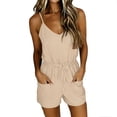 thumbnail image 4 of Strapless Jumpsuits for Women Spaghetti Strap Short Romper for Women Soft Drawstring High Waist Loungewear Casual Jumpsuit Shorts with Pockets Beige L, 4 of 6