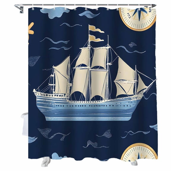 Shower Curtains Cartoon Sailboat Ocean Bath Curtain Nautical Compass Waterproof Bathroom Shower Curtain Set with Hooks Decoration 36 x 72 Inches