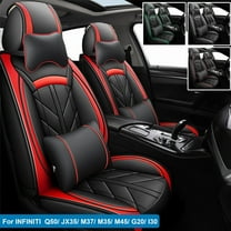 Car Seat Covers for INFINITI 5 Seats, Premium Pu Leather Cushion Protector with Pillow Front Rear Seat Full Set for Q50 JX35 M37 M35 M45 G20 I30 Black Red