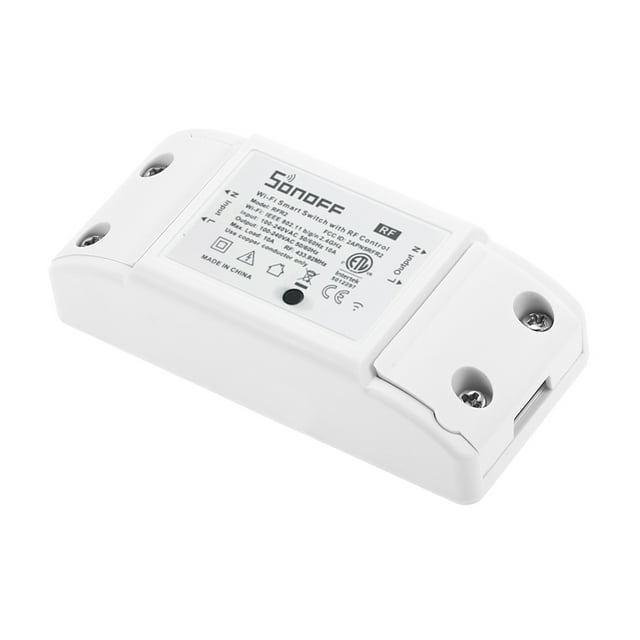 SONOFF RF Wifi Switch RF 433MHz, a compact white wireless switch with a fire-retardant ABS enclosure, designed for smart home control. It supports 90-250V AC input, 10A max current, and 2200W max power. Features include Wi-Fi and 433MHz RF communication, compatibility with Alexa, Google Home, and eWeLink app for remote control of electric appliances. The device measures 90x40x24mm and includes mounting screws.