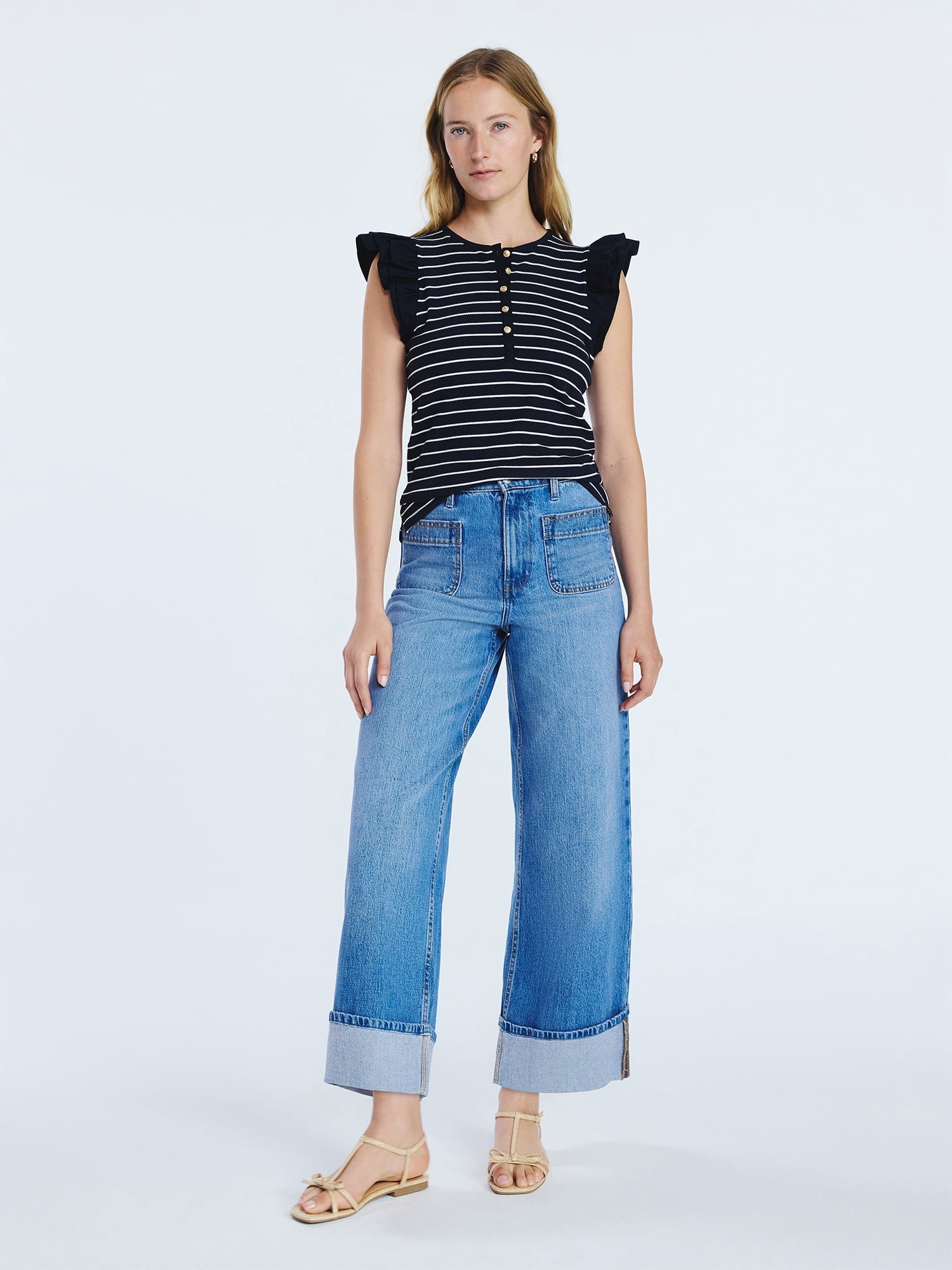 Free Assembly Women's and Women’s Plus Flutter Sleeve Henley Top, Sizes XS-4X
