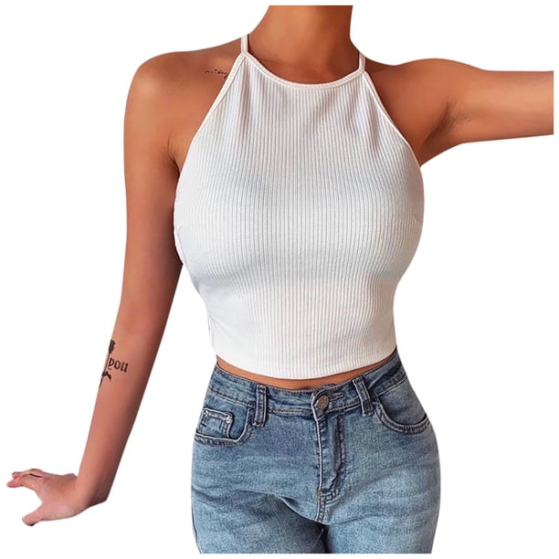 Gibobby Blusa Mujer Sólido Sin mangas Tops Halter Tank Slim Vendaje Moda Sexy Blusa de mujer(Blanco,CH)