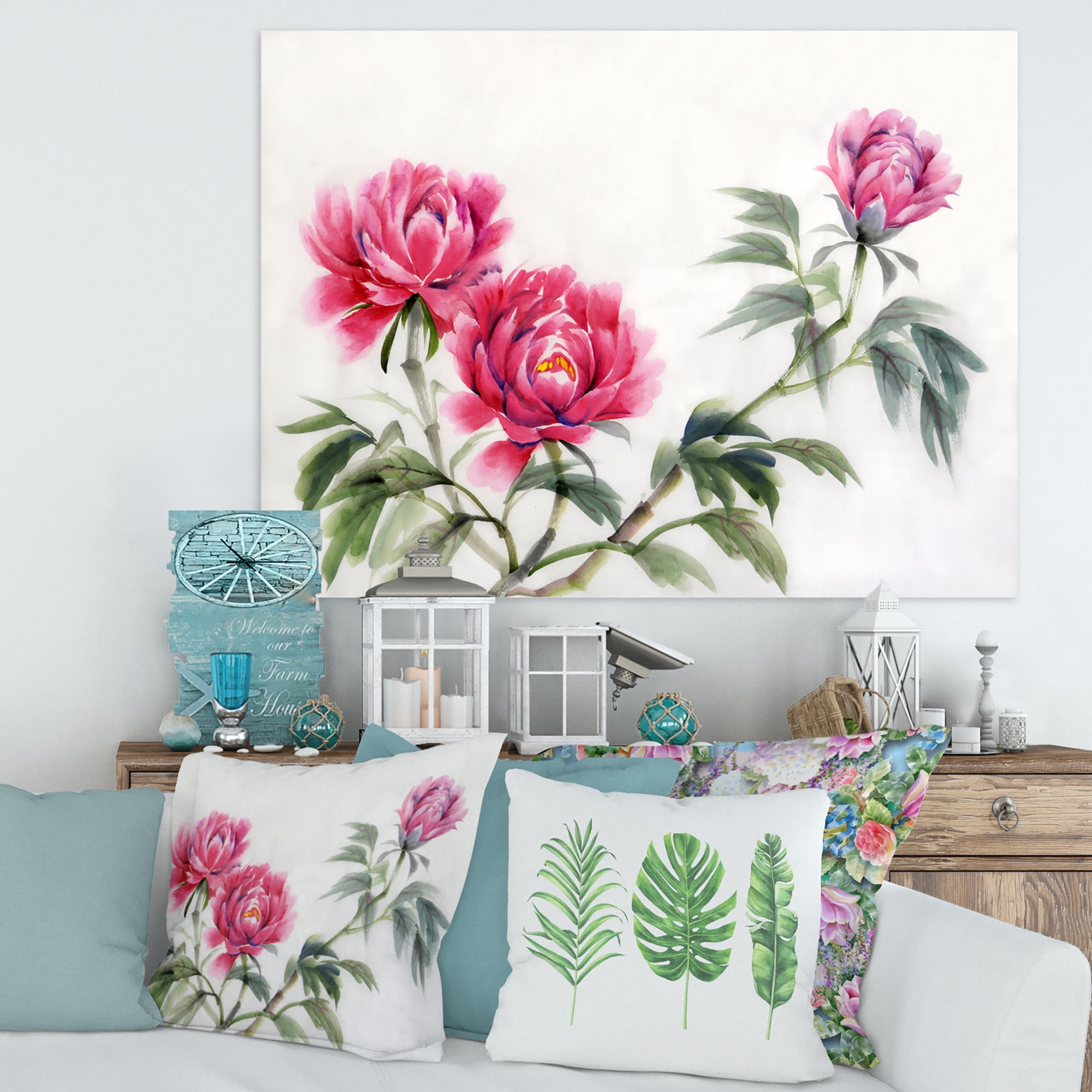 Designart ' Three Vintage Red Peonies Flowers ' Traditional Canvas Wall Art Print
