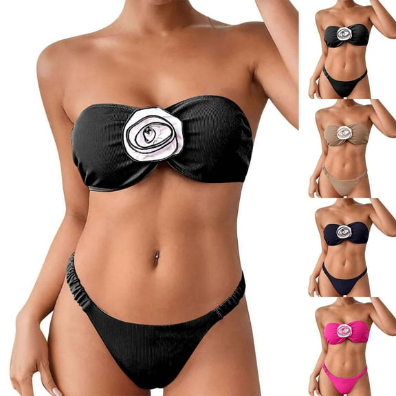 UTSJKR Women's 2 Piece Bikini Sets 3D Floral Appliques Colorblock Sleeveless Strapless High Cut Bandeau Swimsuits Black M