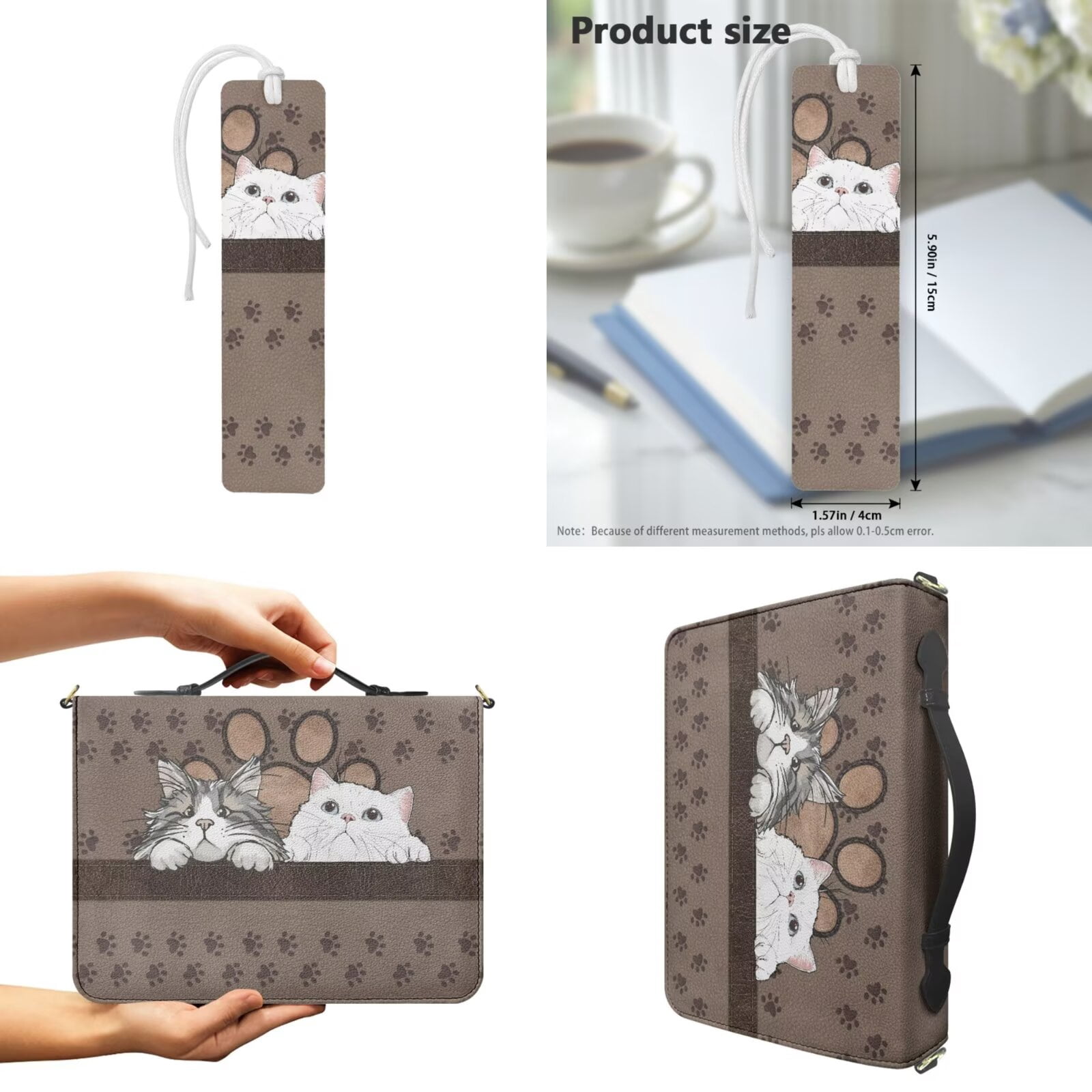 Kuiaobaty Cute Cat Paw Print Bible Bag for Women Men Leather Carrying Book Case with Bookmark Christian Women Bible Study Accessories with Handle for Church, Brown