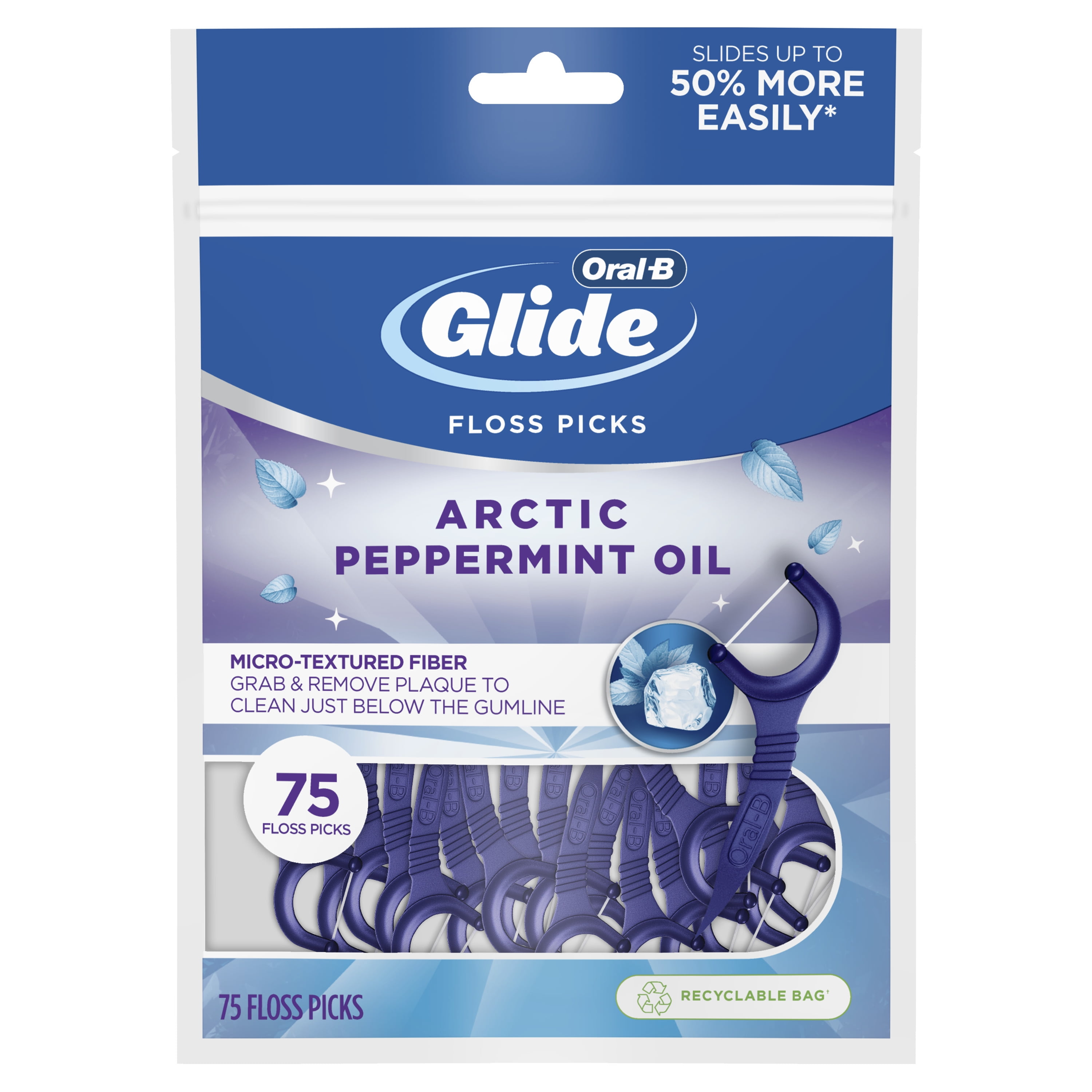 Oral-B Glide Peppermint Dental Floss Picks with Arctic Peppermint Oil Flavor, 75 Picks