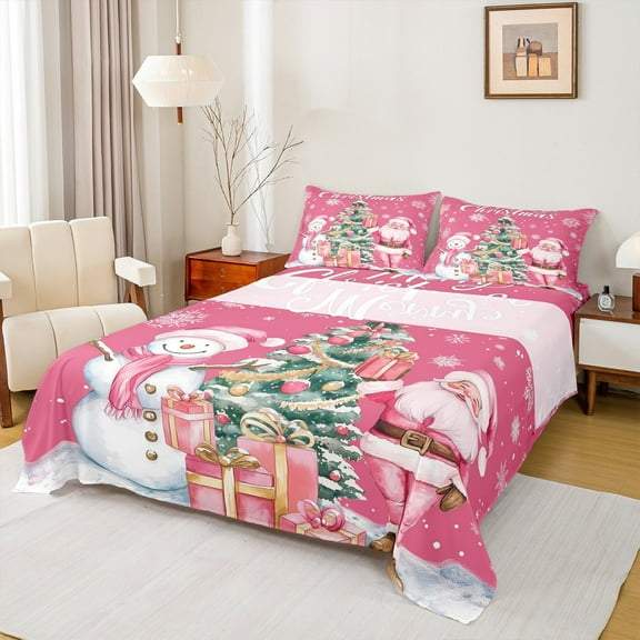 Manfei Girls Merry Christmas Twin Sheet Sets 3 Pieces, Pink Santa Claus Snowman Twin Fitted Sheet, Xmas Tree Gifts Flat Sheet, Microfiber Bedroom Decor