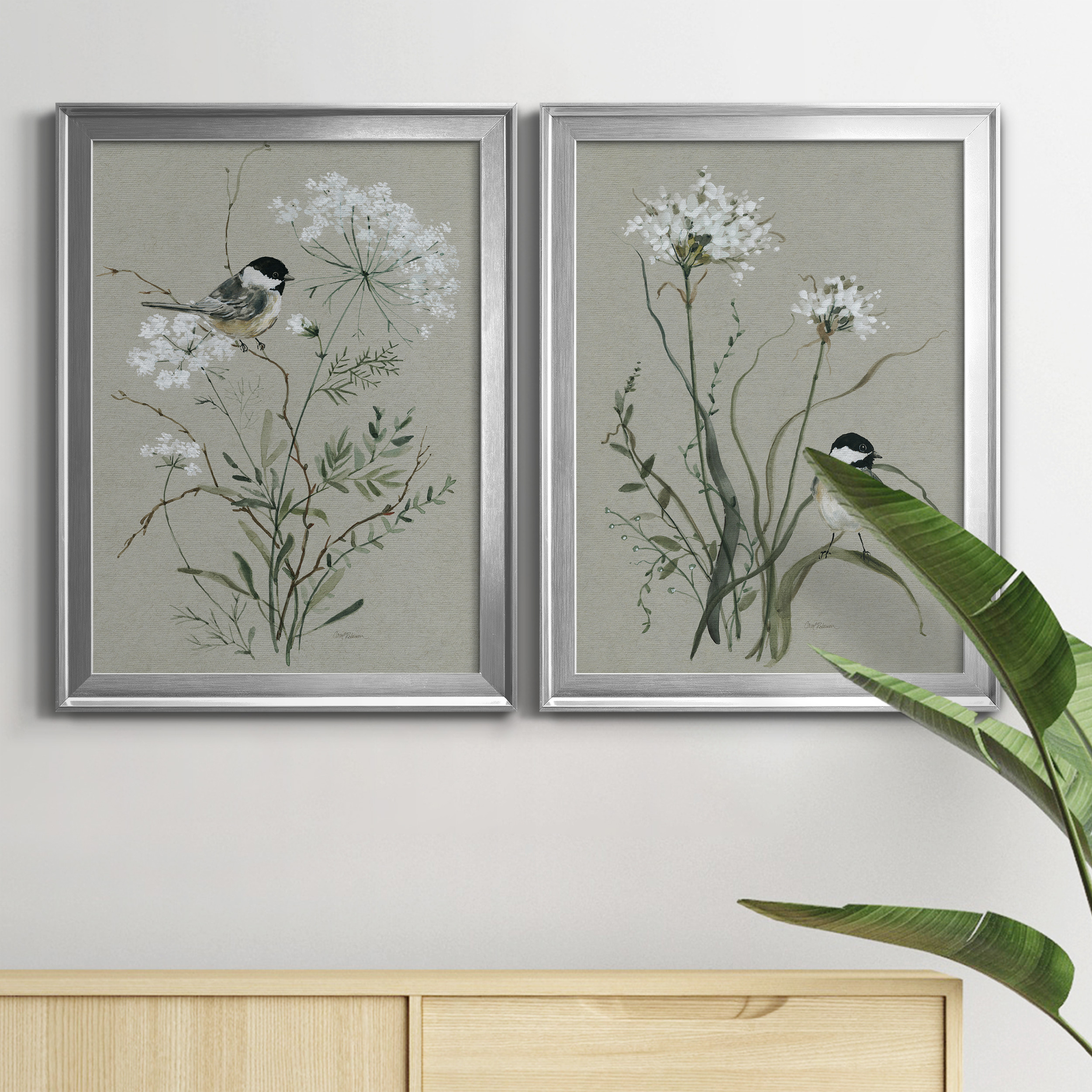 2 Piece Set Bouquet of Grace Bird I Premium Framed Canvas - Ready to Hang - 22.5 x 30.5 Each - Silver Frame