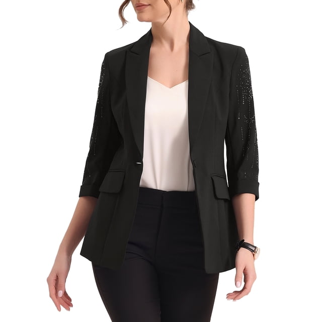 INSPIRE CHIC Blazer Formel pour Femmes Manches 3/4 Col Cranté Épaules Rembourrées un Bouton Strass TP Noir