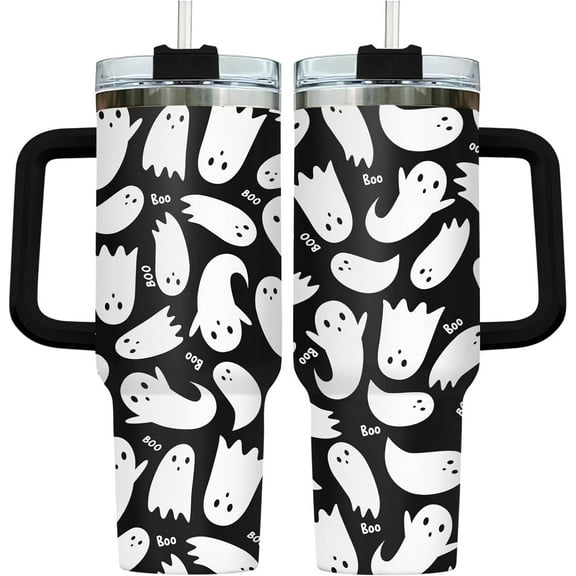 Halloween Gifts for Women Men Boys Girls, Black Spooky Boo Tumbler 40 Oz With Handle and Straw, Cute Halloween Ghost Stainless Steel Vacuum Insulated Cup, Funny Halloween Decorations Gifts