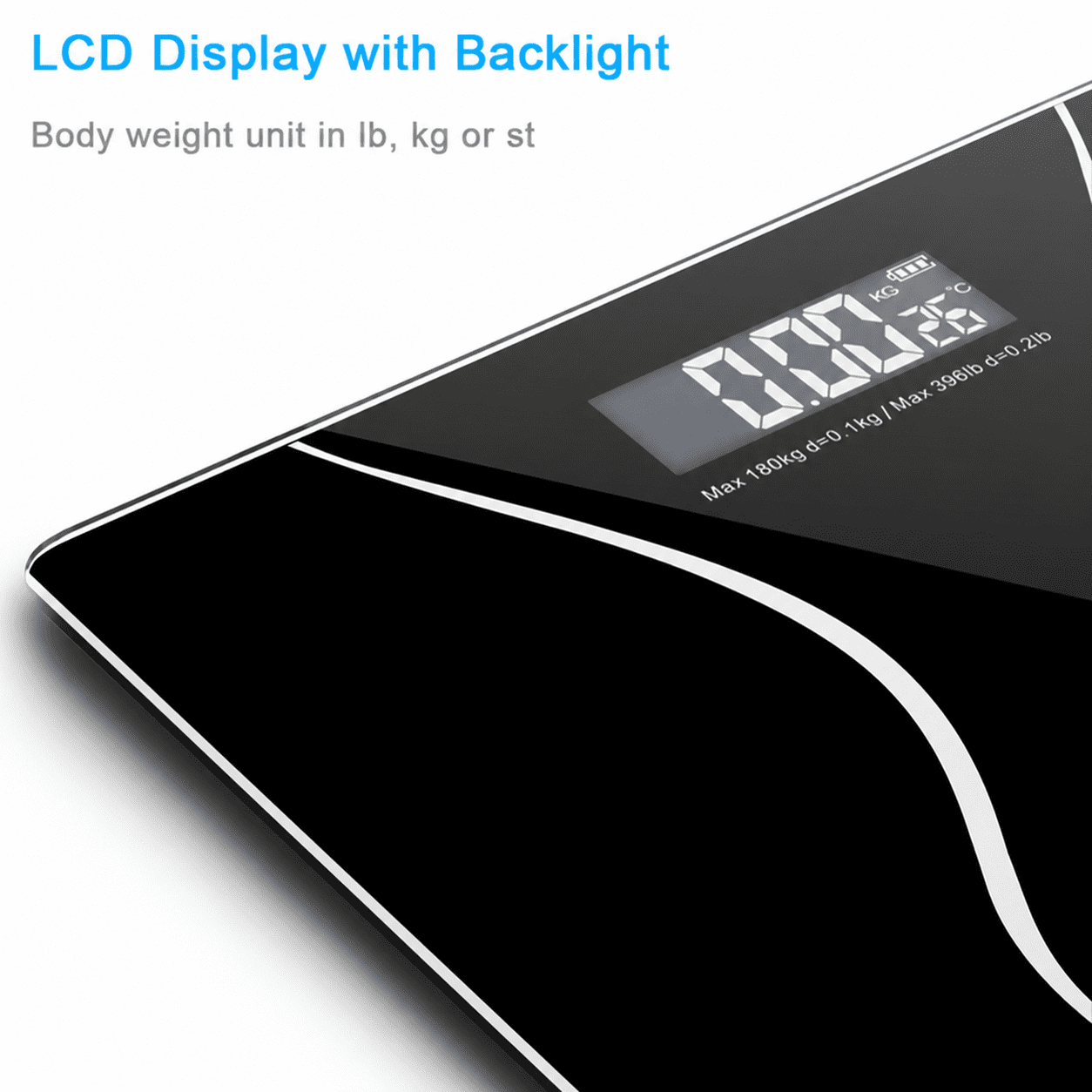 Alvantor Digital Bathroom Scale, 397 lb Capacity, 0.1 kg Increments, Backlit LCD, 6 mm Tempered Glass, Black