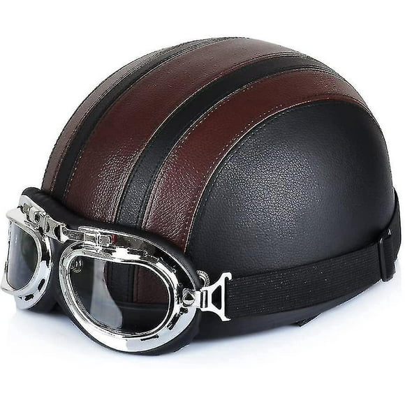 Motorcycle Scooter Open Half-face Leather Helmet With Anti-uv Goggles Retro Vintage Style 54-60cm