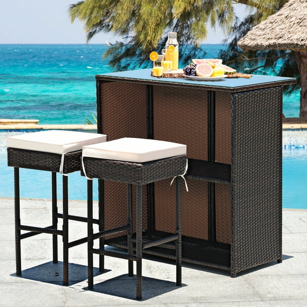 Patiojoy 3PCS Patio Wicker Rattan Bar Set Table w/2 White Cushioned