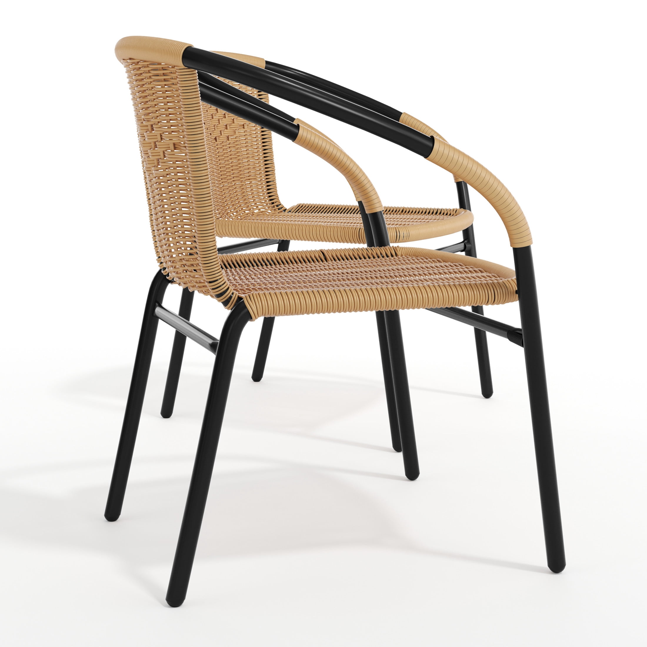 BizChair Set of 2 Commercial Grade Beige Rattan Indoor-Outdoor Restaurant Stack Chairs
