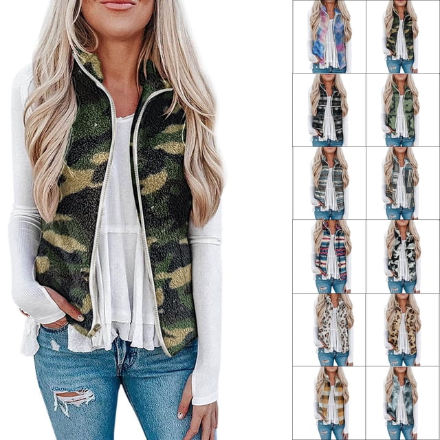 Tie Dye Sleeveless Fleece Vest, Printed Fashion Fleece Fuzzy Zipper Vest For Daily For Female ANGGREK EA1711