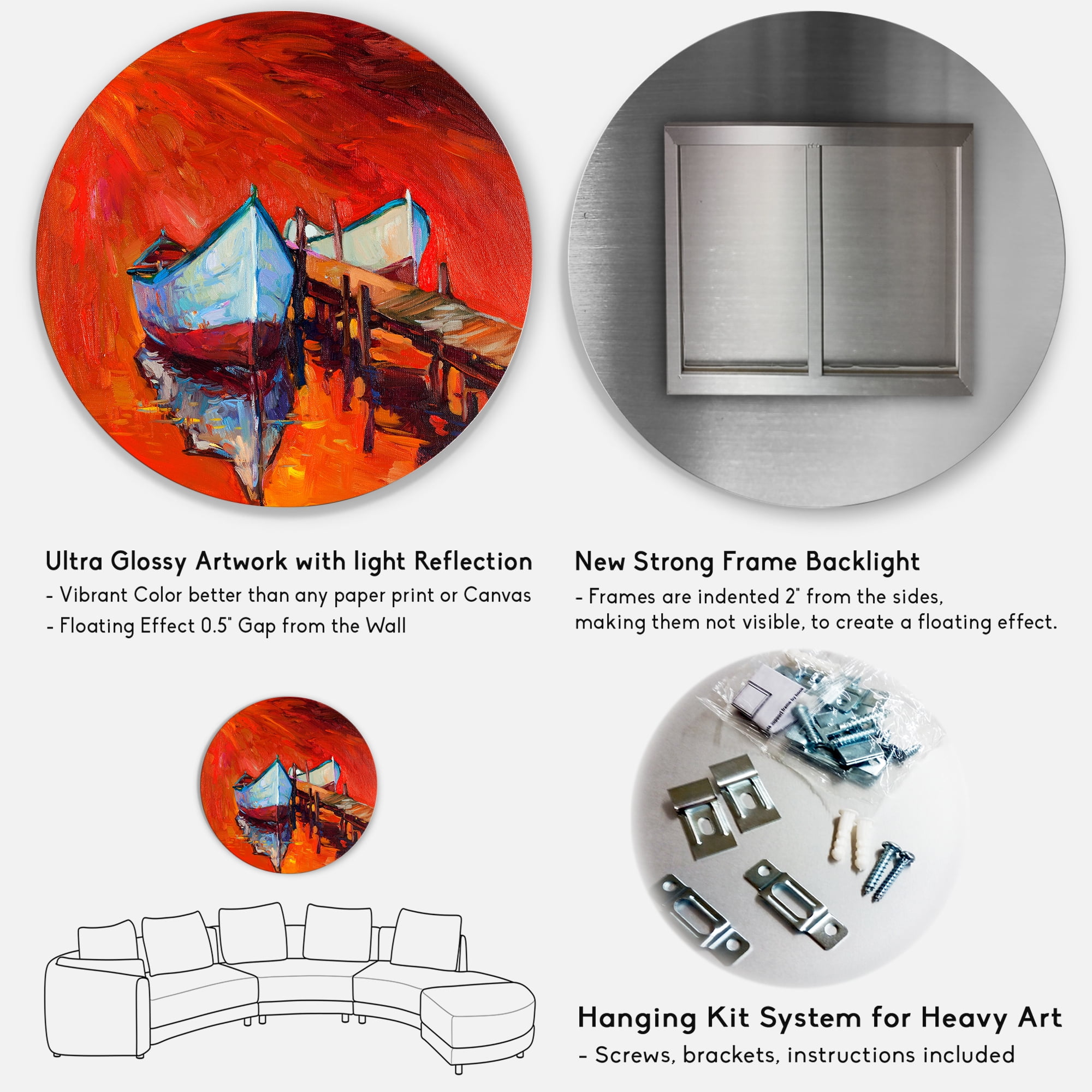 Designart 'Boats Near Coastal Town Resting On The Water IV' Nautical & Coastal Circle Metal Wall Art 29x29 - Disc of 29