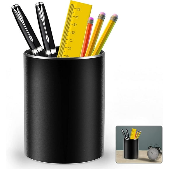 Office Pencil Holder, Round Metal and Aluminum Desk Organizer for Office, School, Home and Kids, Non-Slip Silicone Bottom (Black)