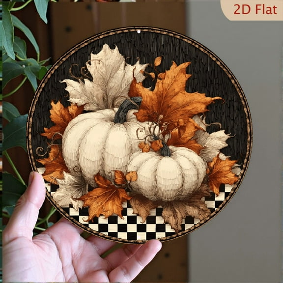 2D Flat, 1pc Charming Vintage Autumn Pumpkin 8*8inch Aluminum Metal Sign - Fall-Themed with White and Orange Pumpkins, Black-and-White Checkered Background Perfect for Home, Bar, Cafe Garage Decor