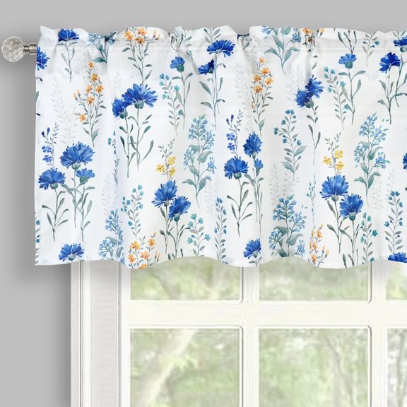 Watercolor Flowers Curtain Valance for Windows, Floral Printed Light Filtering Short Window Treatment for Kitchen Bathroom Rod Pocket Spring Summer Decor 52" X 18" Navy