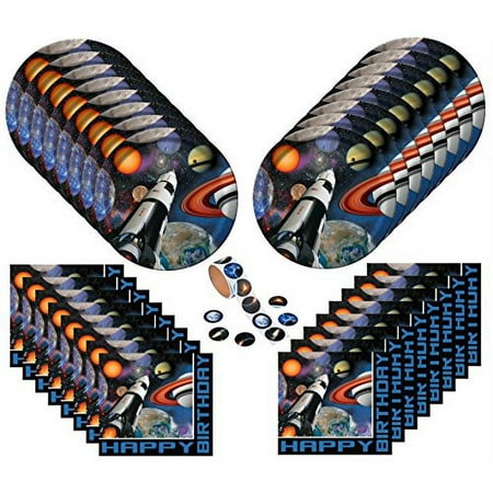 Solar System Outer Space Blast Happy Birthday Supplies Bundle Pack for 16 (Bonus 16 Planet Stars Stickers)