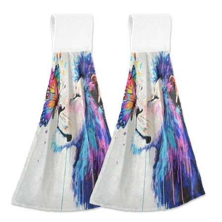 2 Bathroom Towels Kitchen Towels 18.2x14In Velcro Hand Wipes Dish Cloths & Dish Towels Washroom Towels Face Towel Hand Wipes Lion and Colorful Butterflies