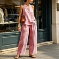 thumbnail image 6 of Karymi Workout Sets for Women 2 Piece Gingham Linen Blend Outfit Set, V Neck Sleeveless Loose Pullover Tank Top+Elastic High Waist Wide Leg Pants with Pockets Cute Tops for Women, 6 of 7