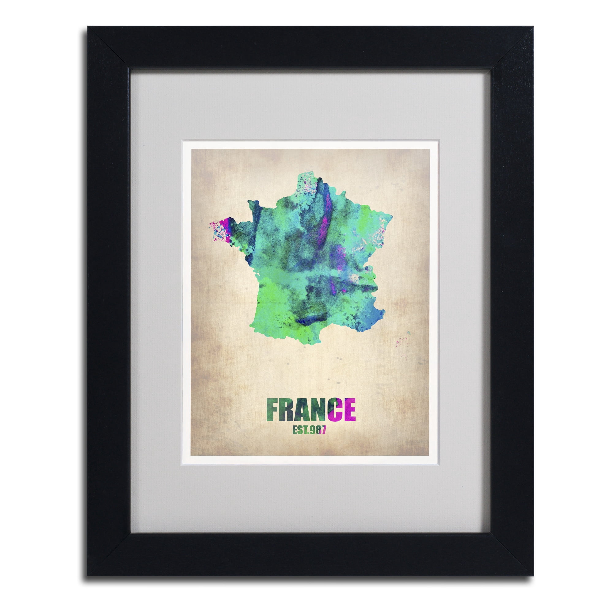 Trademark Fine Art "France Watercolor Map" Matted Framed Art by Naxart, Wood Frame