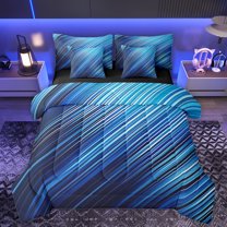 Manfei Retro Strieps Lines 7pcs Bedding Comforter Set,Modern Abstract Geometric Queen Bedding Sets,Blue Striped Queen Sheet Sets For Men Women,Ultra Soft Home Decor Reversible