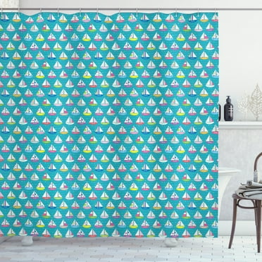 Sailboat Shower Curtain, Chaplet Striped on Polka Dotted and Floral Design Cutters with Semi-Circular Hull, Fabric Bathroom Set with Hooks, 69W X 84L Inches Extra Long, Multicolor, by Ambesonne