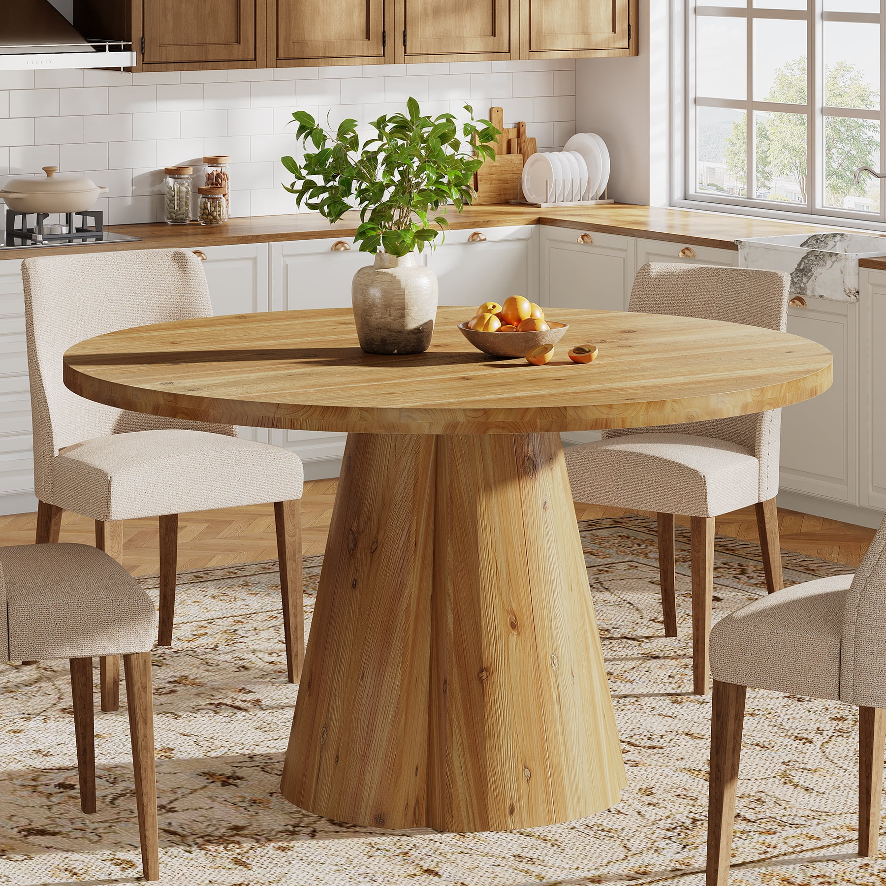 Tribesigns 47.24-Inch Solid Wood Dining Table, Farmhouse Round Kitchen Table with Wooden Pedestal Base for 4-6, Dinner Furniture for Kitchen, Home Dining Room, Easy Assembly
