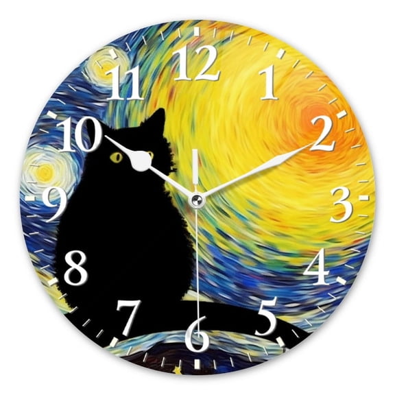 Non-Ticking Silent Wall Clocks Battery Operated Personalized Decor Clock for Living Room,Bedroom-Black Cat And Starry Night Art(10inch)