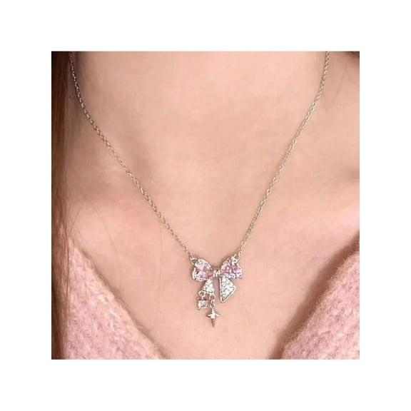 Silver Necklaces For Women Dainty Pink Bow Necklace White Gold Plated Cute Choker Chain Necklace Bow Pendant Charm Cubic Zirconia Necklaces Silver Jewelry Women Gifts Her