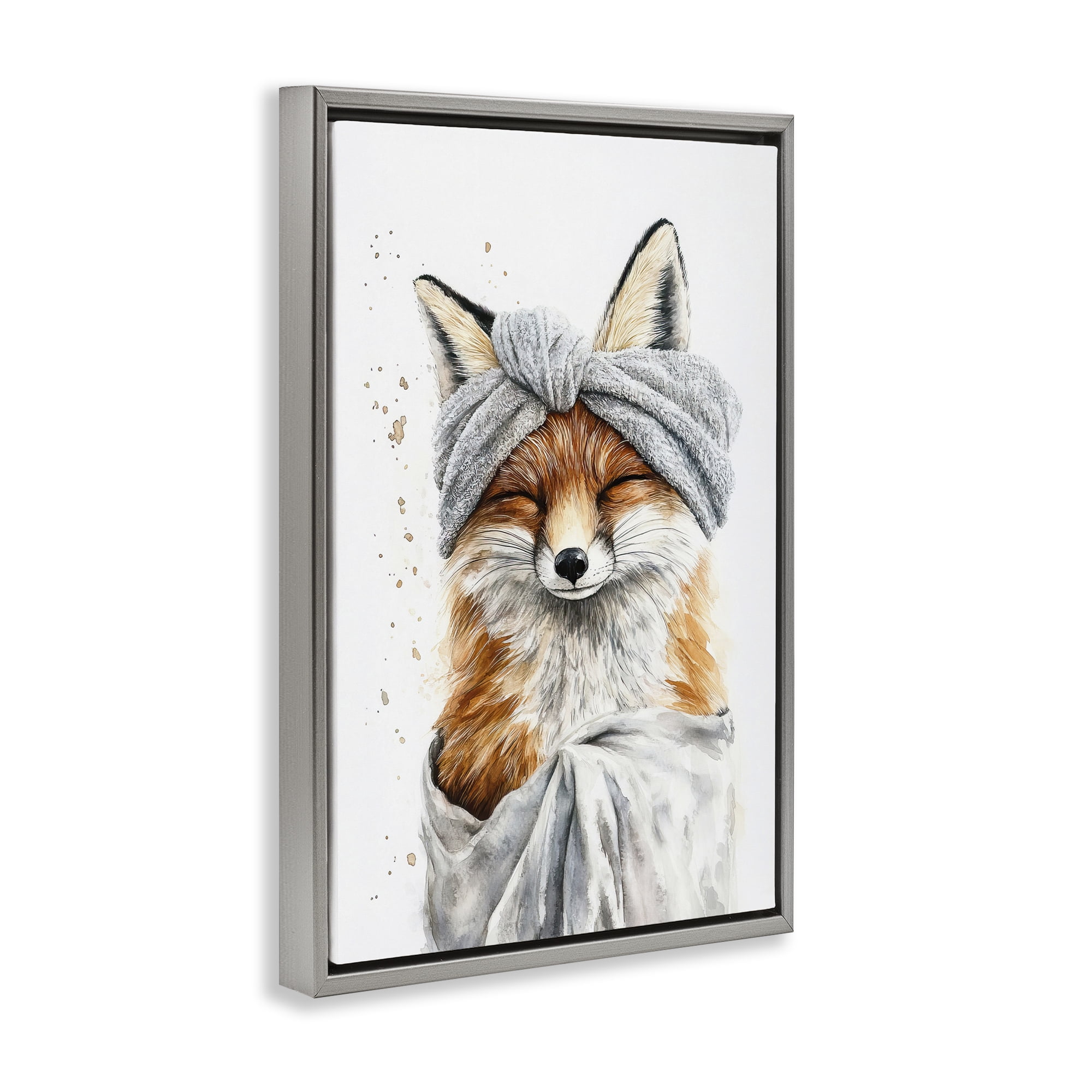 Stupell Industries Bathroom Fox Wrapped in Towel Gray Framed Floater Canvas Wall Art, design by Tina LeCour