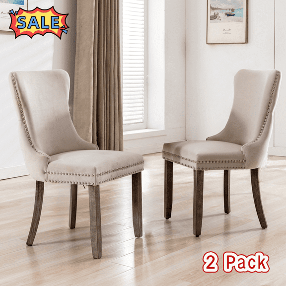 Tcbosik Velvet Dining Chairs Set of 2, Modern Upholstered Side Chair with Button Tufted Back and Solid Wood Legs, Easy Assembly, Beige