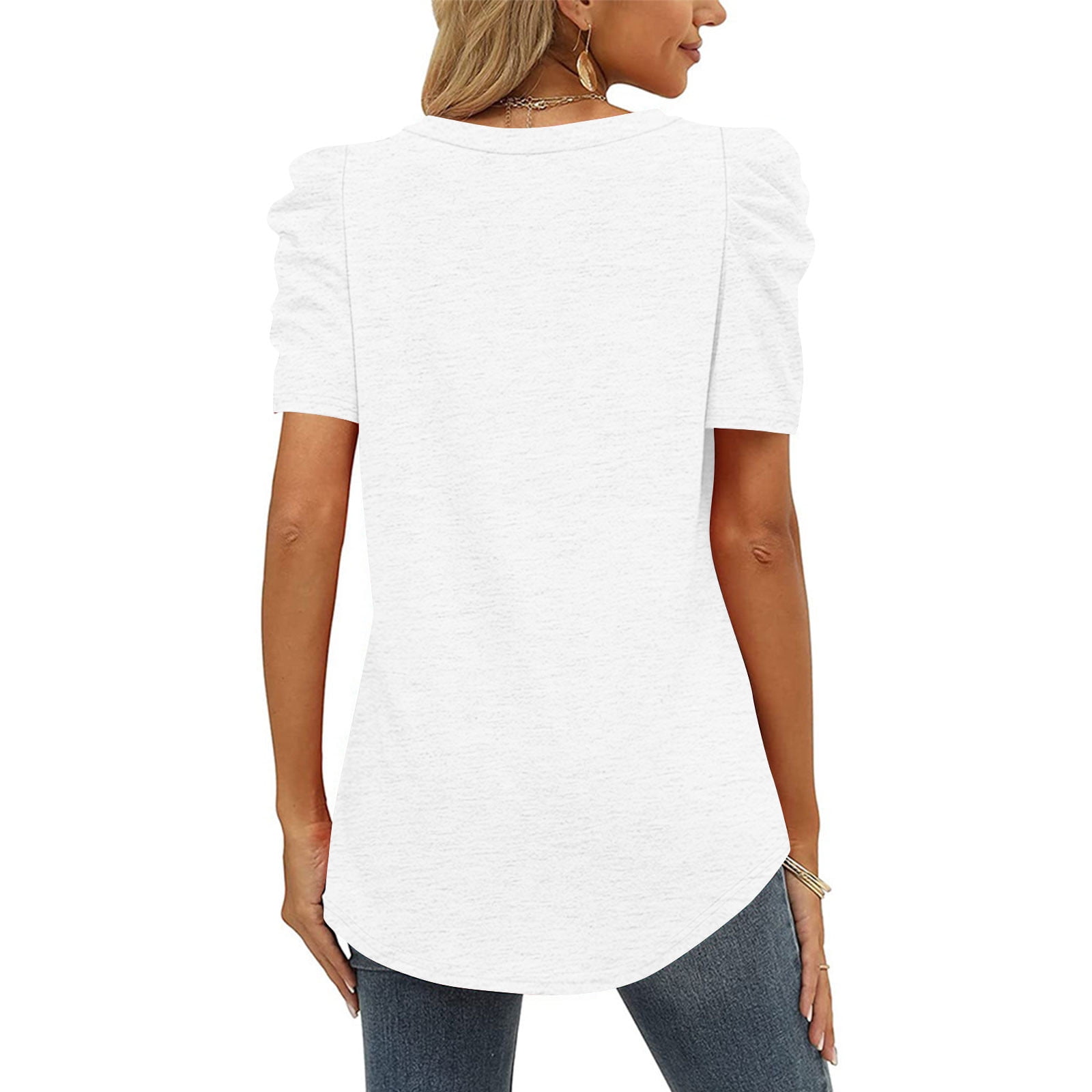Cegerne Women's Summer V-Neck T-Shirt - Loose Fit Puff Short Sleeve Casual Top (XS-3XL) - View #8