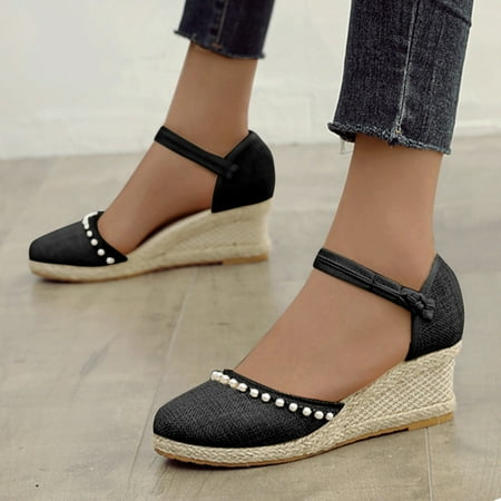 

YTJX Summer Womens Resort Style Floral Embroidered Pattern Wedge Slippers